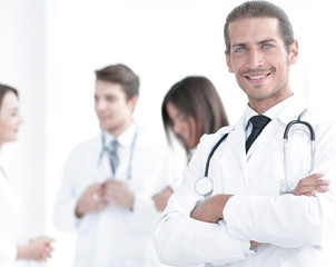 Fototapeta premium smiling doctor therapist on blurred background.