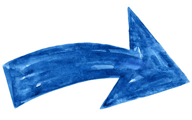 Blue arrow sign has drawn by watercolor paint brush stroke and has grange watercolour texture. Ink...