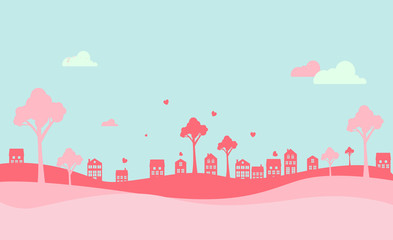 Valentines day background with heart and houses