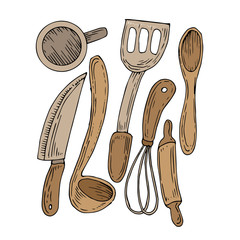 set of kitchen utensils on white background