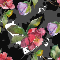 Red and purple camelia. Floral botanical flower. Watercolor background illustration set. Seamless background pattern.