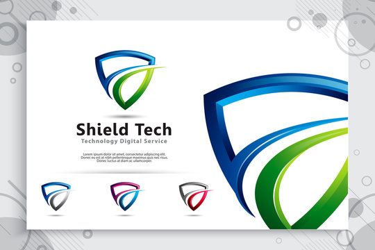 3d shield tech vector logo design with modern concept , abstract illustration symbol of cyber security  for digital template protection software company.