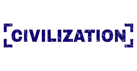 CIVILIZATION caption seal print with grunge texture. Text title is placed between corners. Blue vector rubber print of CIVILIZATION with corroded texture.