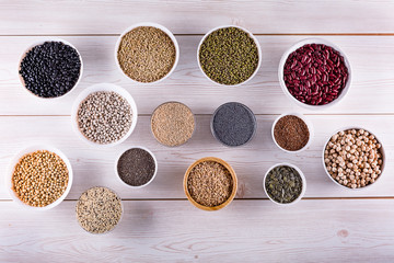 Top view superfood assortment in a various bowls