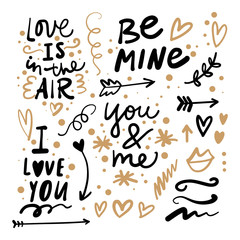 Love signs set, Happy valentines day, hand drawn text details