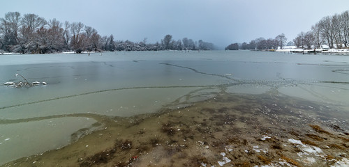Naklejka premium Danube island (Šodroš) near Novi Sad, Serbia. Colorful landscape with snowy trees, beautiful frozen river.