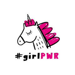 Girl power vector and unicorn illustration. Woman motivational slogan, quote