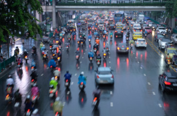 Bangkok big traffic jam during and heavy rain in the evening.