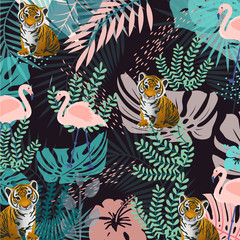 Animals pattern, pink flamingo, tiger, vector illustration