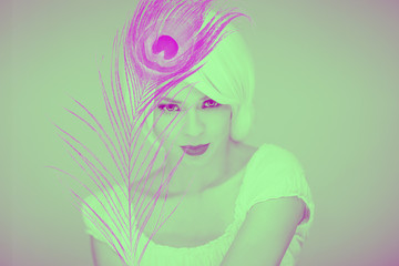 Beautiful woman artwork in duotone, eye-catching and modern look, with peacock feather, can be used as background