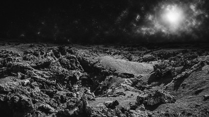 Moon landscape or remote alien planet concept. Image montage.