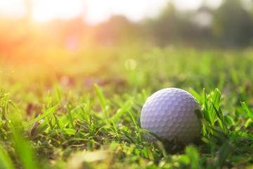 Golf balls on green lawns in beautiful golf courses