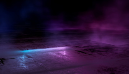 Empty scene  with glowing pink and blue smoke environment atmosphere reflect on floor.  Fashion vibrant colors spectrum background. 3d rendering.