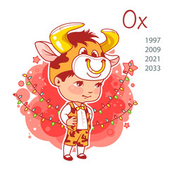 Chinese new year symbol. Cute little baby wear costume  ox.  Little  boy as ox. Baby boy or girl celebrate. Carnival costume. Kid celebrating new year. Vector illustration.