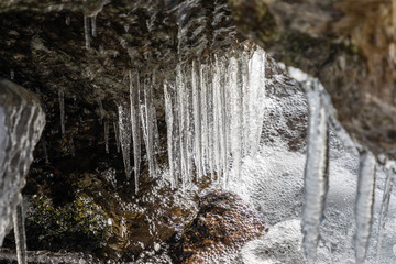 Icicles of ice in the vicinity of the Pe&ntilde;alara lagoons in Madrid