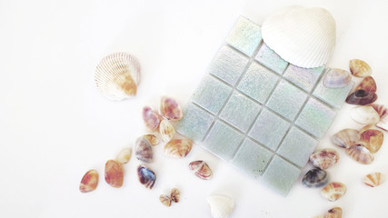 Pearl mosaic with little shells on white background