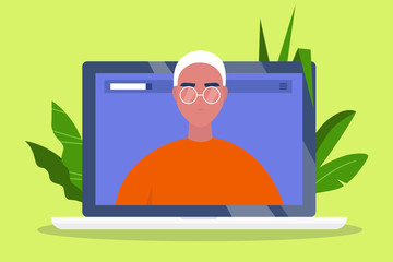 A portrait of Young adult wearing glasses. Social media profile. Laptop screen. Flat editable vector illustration, clip art