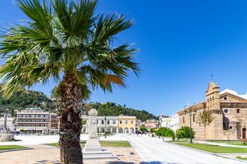 Fototapeta na wymiar Overview of a sunny Solomos Square in Zakynthos town, Greece
