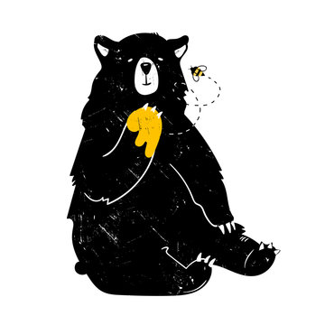 Cute black bear with paw in honey. Hand drawn vector illustration