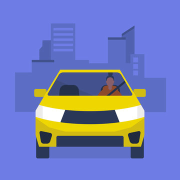 recommend clip art: Young female character driving a yellow car. Urban lifestyle. Taxi service. Flat editable vector illustration, clip art