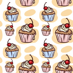 Seamless Pattern With Cupcake With Cherry Illustration