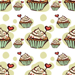 Seamless Pattern With Cupcake With Red Heart