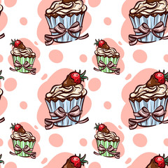 Seamless Pattern With Cupcake With Strawberry