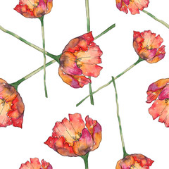 Red tulip. Floral botanical flower. Seamless background pattern. Watercolor illustration set.