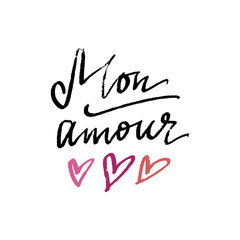 Naklejka na ściany i meble Mon Amour lettering card and hand drawn hearts illustration.