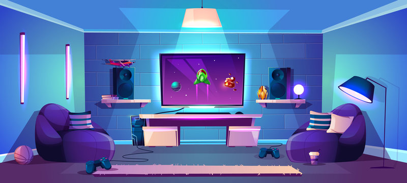 Vector game room illustration, modern esports concept. Night stream, digital entertainment in neon light in club, lounge. Joysticks for computer, gamepads for console and cozy furniture.