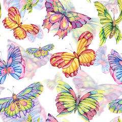 Watercolor seamless pattern of vintage colorful butterflies
