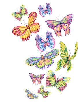 Watercolor vintage greeting card with colorful butterflies