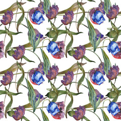 Purple and blue tulip floral botanical flower. Watercolor illustration set. Seamless background pattern.
