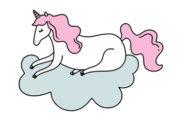 Vector lying unicorn on cloud. Poster and banner element, children's book illustration, postcard.
