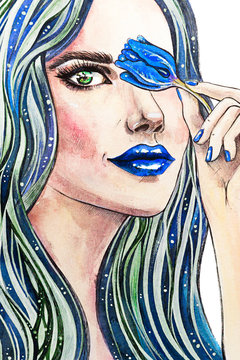 dipinto bella ragazza con capelli blu acquerello