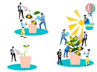 Abstraction, business like a flower that is watered by employees. In minimalist style. Cartoon flat Vector