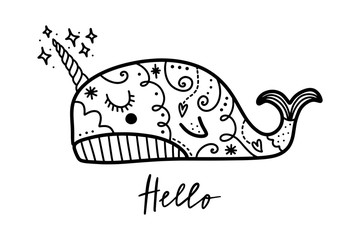 Vector cute little narwhal art. Poster and banner element, children's book illustration, postcard.