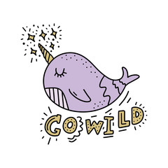 Vector cute little narwhal art. Poster and banner element, children's book illustration, postcard.