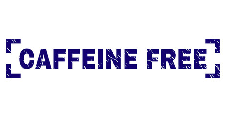 CAFFEINE FREE text seal print with corroded texture. Text caption is placed inside corners. Blue vector rubber print of CAFFEINE FREE with retro texture.