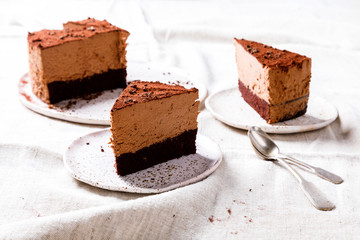 Chocolate Cake on a light background. Homemade baking.