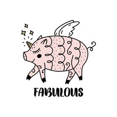 Vector funny pig girl unicorn art. Magical unipig.