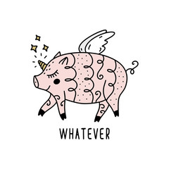 Vector funny pig girl unicorn art. Magical unipig.