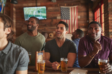 Male Friends Drinking Beer And Watching Game On Screen In Sports Bar