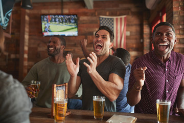 Group Of Male Friends Celebrating Whilst Watching Game On Screen In Sports Bar