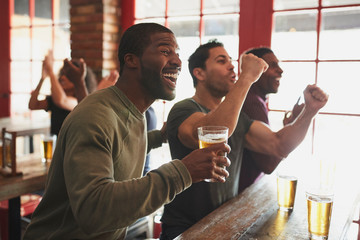 Group Of Male Friends Celebrating Whilst Watching Game On Screen In Sports Bar