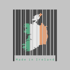 Barcode set the shape to Ireland map outline and the color of Ireland flag on black barcode with grey background.