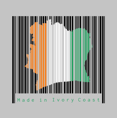 Barcode set the shape to Ivory Coast map outline and the color of Ivory Coast flag on black barcode with grey background.