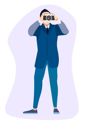 Isolated object. The man in the suit is a photographer. In minimalist style. Cartoon flat Vector