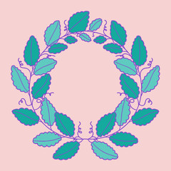 Vector illustration . A wreath of leaves on a pink background.