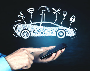 Man holding smartphone. Modern smart car. Transportation, Technology Concept